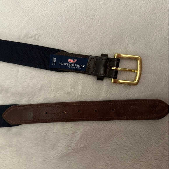 Vineyard Vines Men’s Belt S 32 Boat Blue Canvas Print Brown Leather Brass Buckle - Picture 10 of 10